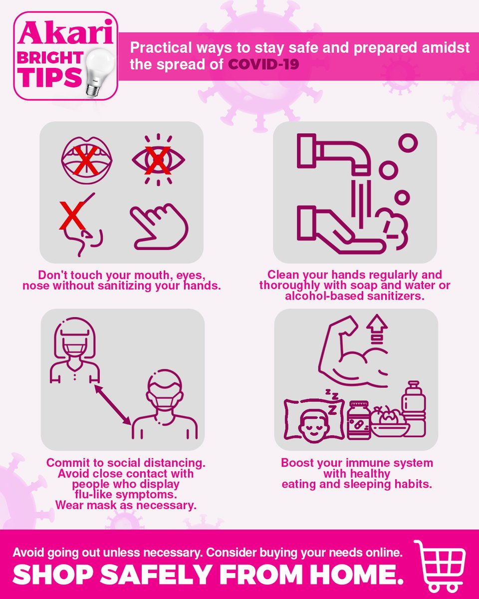 AkariLights's tweet photo. A friendly reminder: Always commit to the recommended preventive measures to ensure your safety amidst the #COVID19 pandemic. Stay prepared but do not panic buy. Reduce your risk of exposure by staying at home and consider shopping your needs online. #AkariCares #AkariBrightTips https://t.co/A5u50esTyq