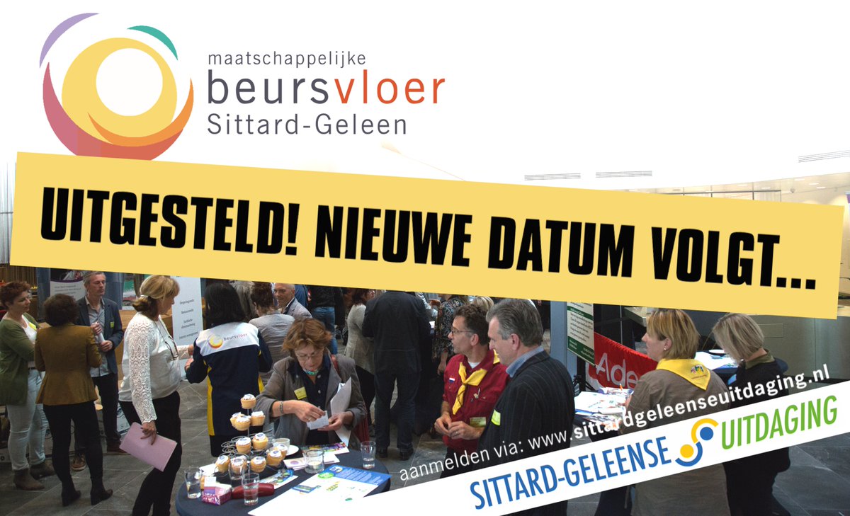 Een nieuwe datum voor de Beursvloer zal bepaald worden direct nadat de huidige situatie dit toelaat. Jouw aanmelding blijft ondertussen van harte welkom! 

Wij wensen iedereen heel veel succes en sterkte de komende tijd! meer info: sittardgeleenseuitdaging.nl/beursvloer/