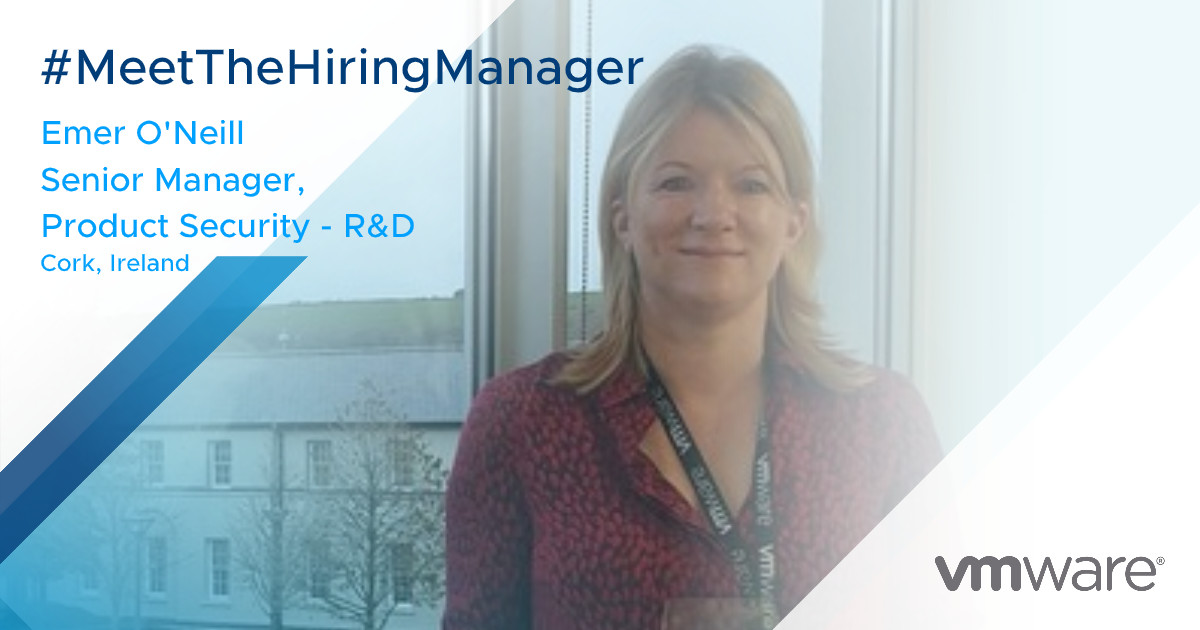 VMwareIreland's tweet photo. Emer O'Neill (@emermokeefe), Sr. Manager, Product Security R&amp;D, based @vmwarecork. Check out her blog, as she shares the charter of her innovation-driven, global, security team &amp; the qualities she looks for when hiring. Click here: https://t.co/s2FHfzWCEY #VMwareLife #VMwareCork https://t.co/gGvShvNNvs
