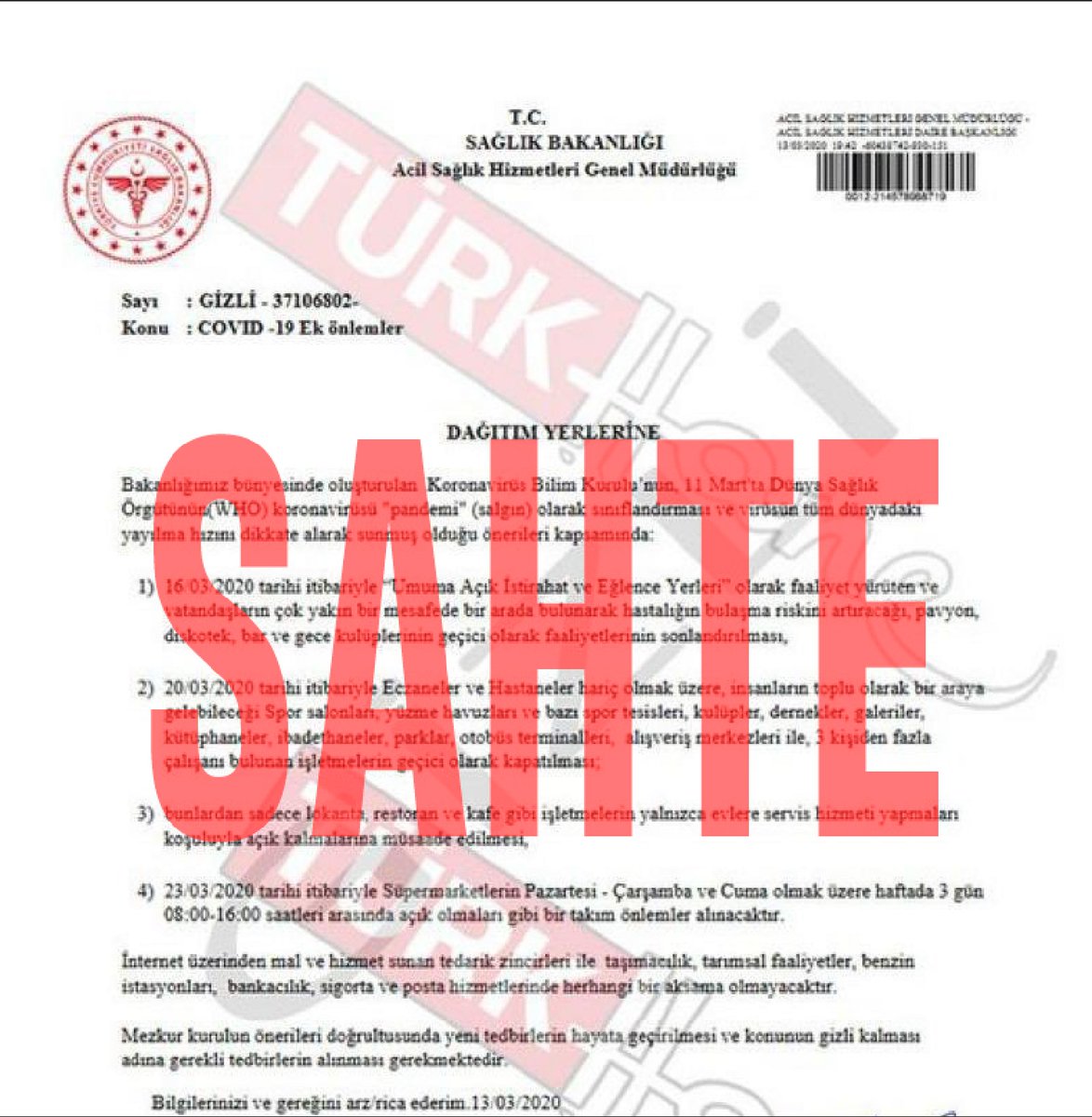 saglikbakanligi's tweet photo. ❌Sosyal medya ve telefon uygulamalarında gördüğünüz bu belge SAHTEDİR.
✅Güncel ve güvenilir bilgileri T.C. Sağlık Bakanlığı web sitelerinden ve sosyal medya hesaplarından edinin. https://t.co/z4rS9UEaom