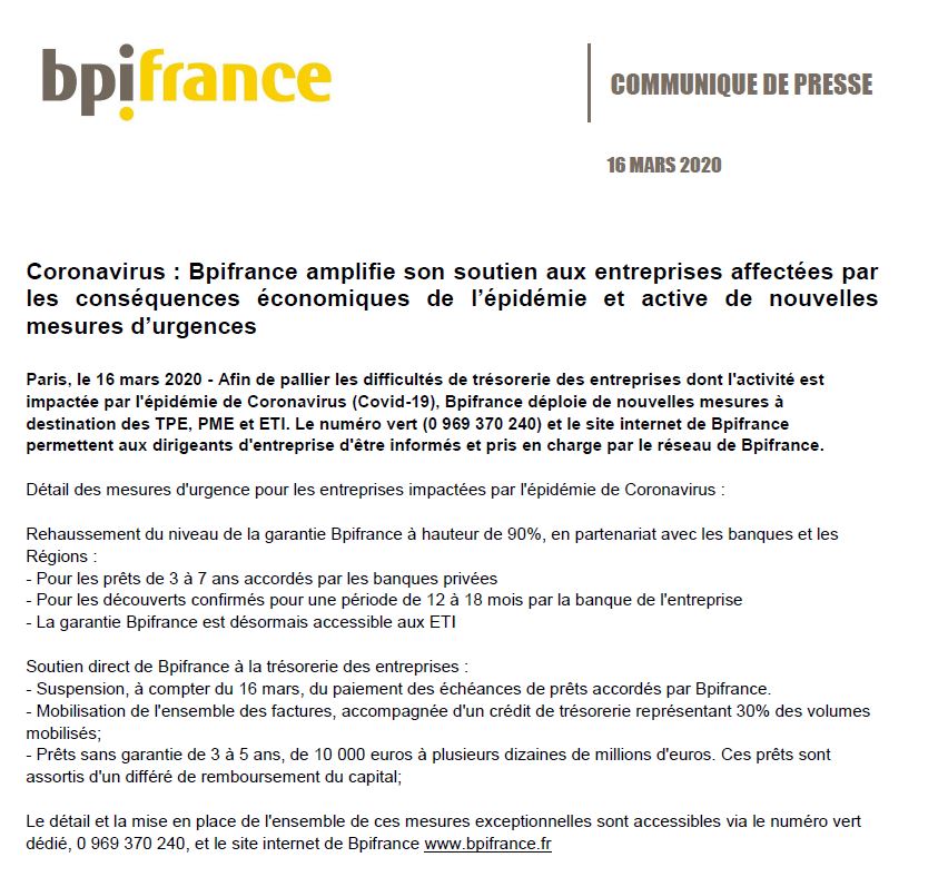 #Coronavirus : <a href="/Bpifrance/">Bpifrance</a> amplifie son soutien aux entreprises affectées par les conséquences économiques de l'épidémie et active de nouvelles mesures d'urgences 
👉bit.ly/2vpEdeZ