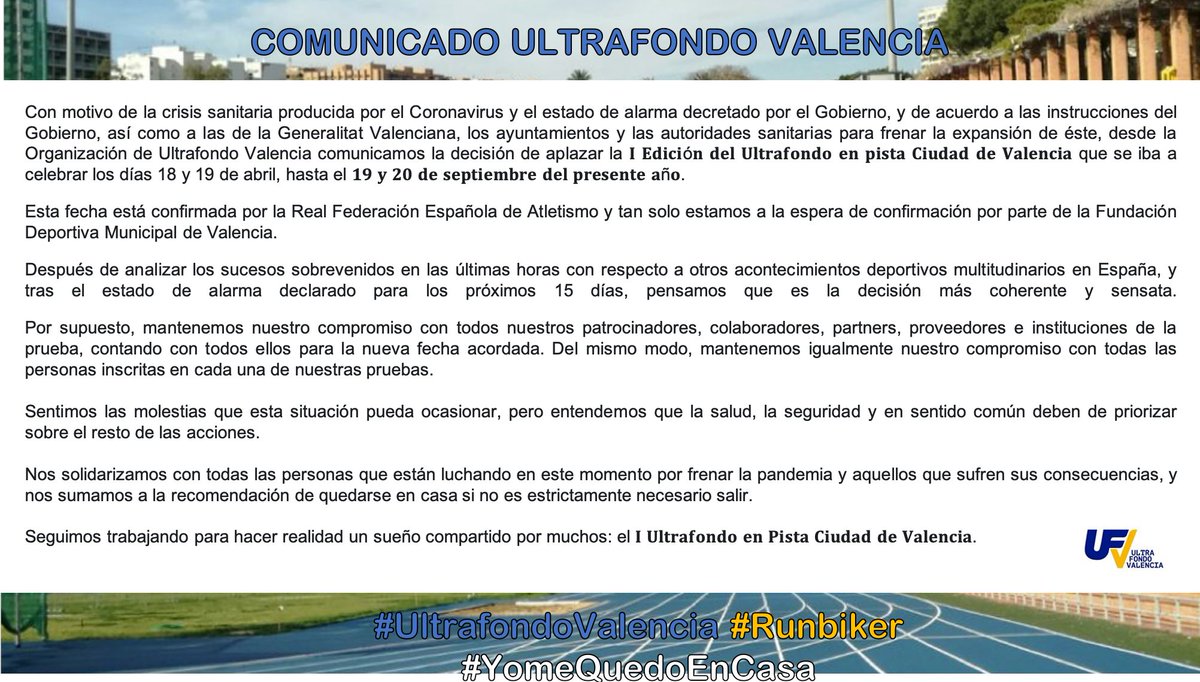 UltrafondoV's tweet photo. COMUNICADO ULTRAFONDO VALENCIA
La primera edición se aplaza hasta el 19 y 20 de Septiembre de este año.
Seguiremos trabajando para hacer realidad este sueño compartido por muchos: el primer ultrafondo en pista de Valencia.
#UltrafondoValencia #Runbiker #YoMeQuedoEnCasa https://t.co/y4eNWdf9cD