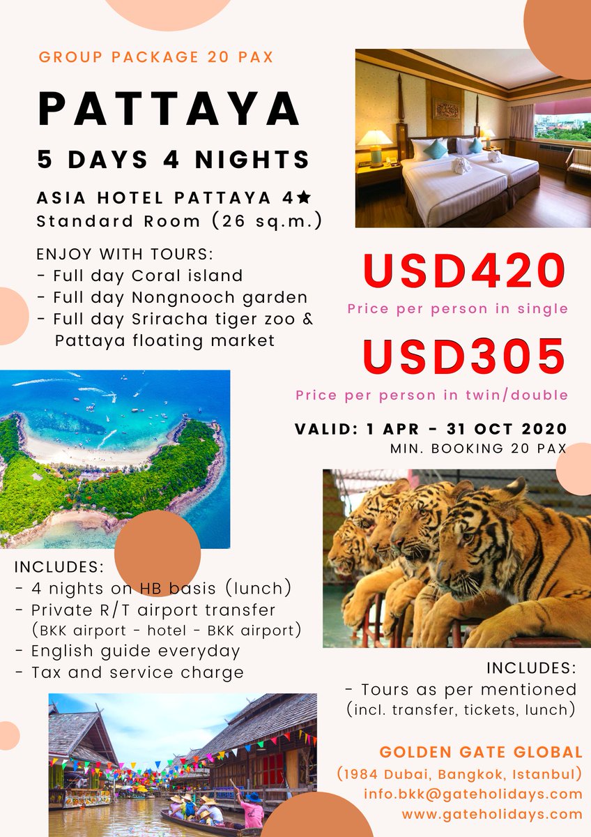 gateholidays's tweet photo. - GROUP PACKAGE -
5 Days 4 Nights in Pattaya, Thailand
Stay at 4-stars modern hotel
Validity: 1 Apr - 31 Oct 2020

Contact: info.bkk@gateholidays.com
Website: https://t.co/F04t2Sy5Qb
(FOR AGENT PARTNER ONLY)
#pattaya #thailand #travel #package #leisure https://t.co/0HVzQsDVbM