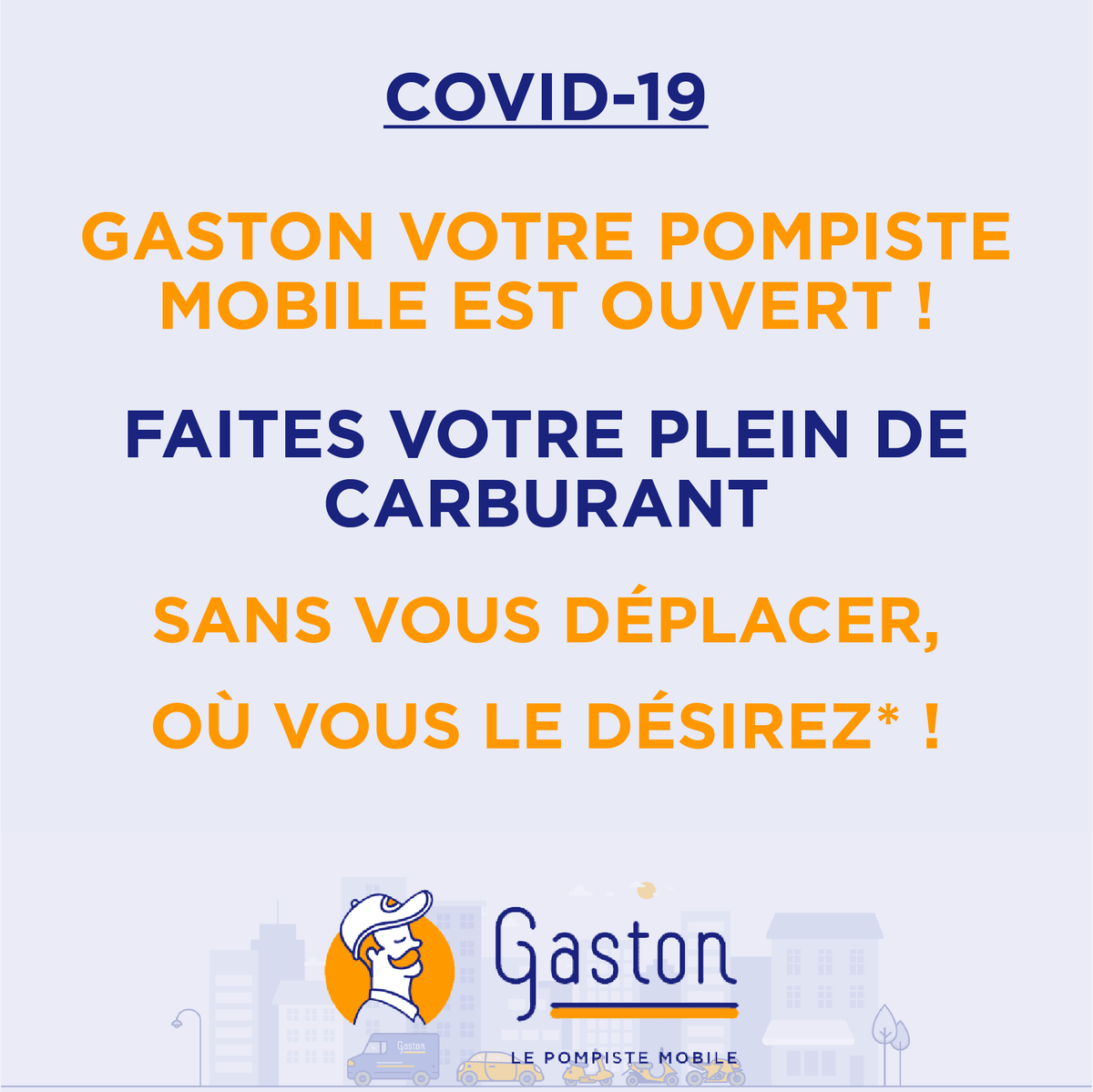 Suite à l'épidémie de COVID-19, GASTON est ouvert.
 
Nos pompistes mobiles vous accompagnent au mieux, et sont équipés en conséquence pour assurer les livraisons de carburant dans le respect des règles de sécurité et d’hygiène.
 
Bon courage à tous.
#Lepompistemobile #Sécurité