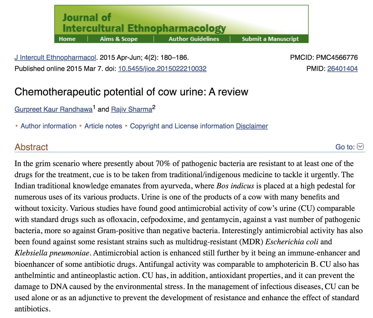 But even for (3) stance, there is enough literature which scientifically validates gau mutra in various anti-microbial uses "comparable with standard drugs such as ofloxacin, cefpodoxime, and gentamycin, against a vast number of pathogenic bacteria." https://www.ncbi.nlm.nih.gov/pmc/articles/PMC4566776/11/