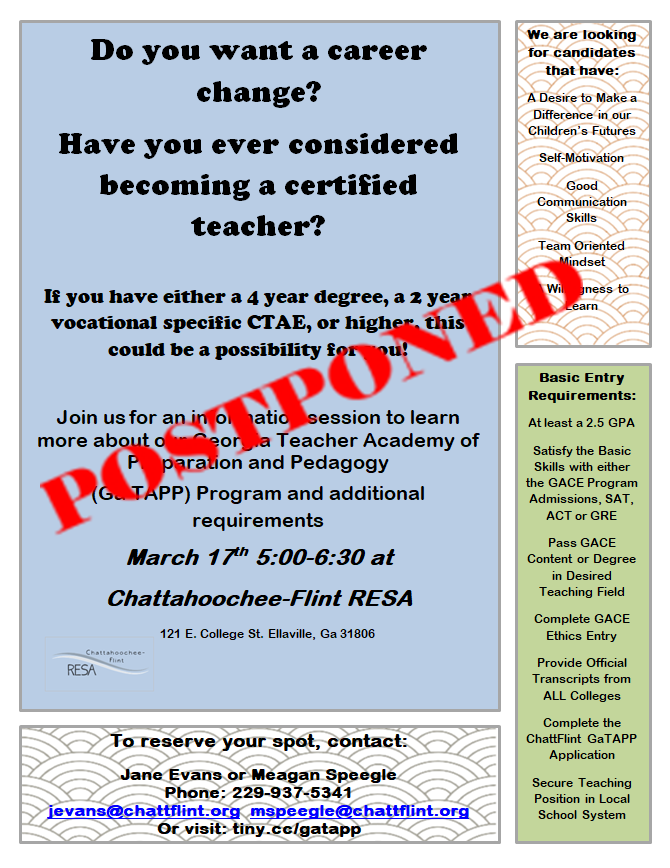 chattflinttapp's tweet photo. In consideration of the current public health concerns we are all facing at this time, we have decided to postpone our Information Session. We will post an updated date as soon as we are able. Thank you for your patience as we all navigate these upcoming weeks! Please Share! https://t.co/826XsCsaxm