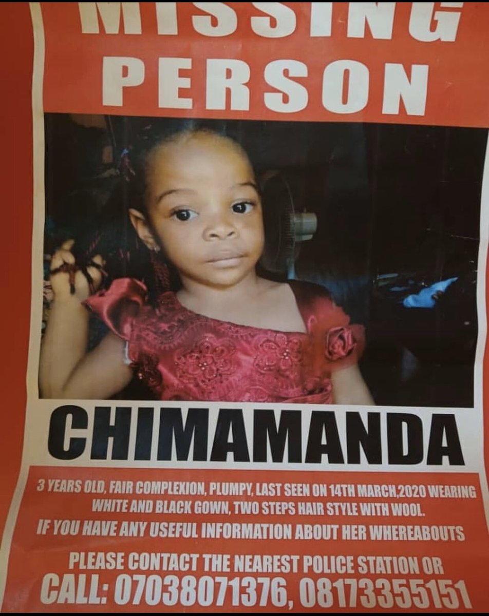 MISSING CHILD: A 3-year old Chimamanda was taken away from her school premises by strange women in Tudunwada, Lugbe, ABUJA on Saturday (March 14, 2020).

Anyone with useful information should report to the nearest police station or call: 07038071376 &amp; 08173355151

Kindly Retweet