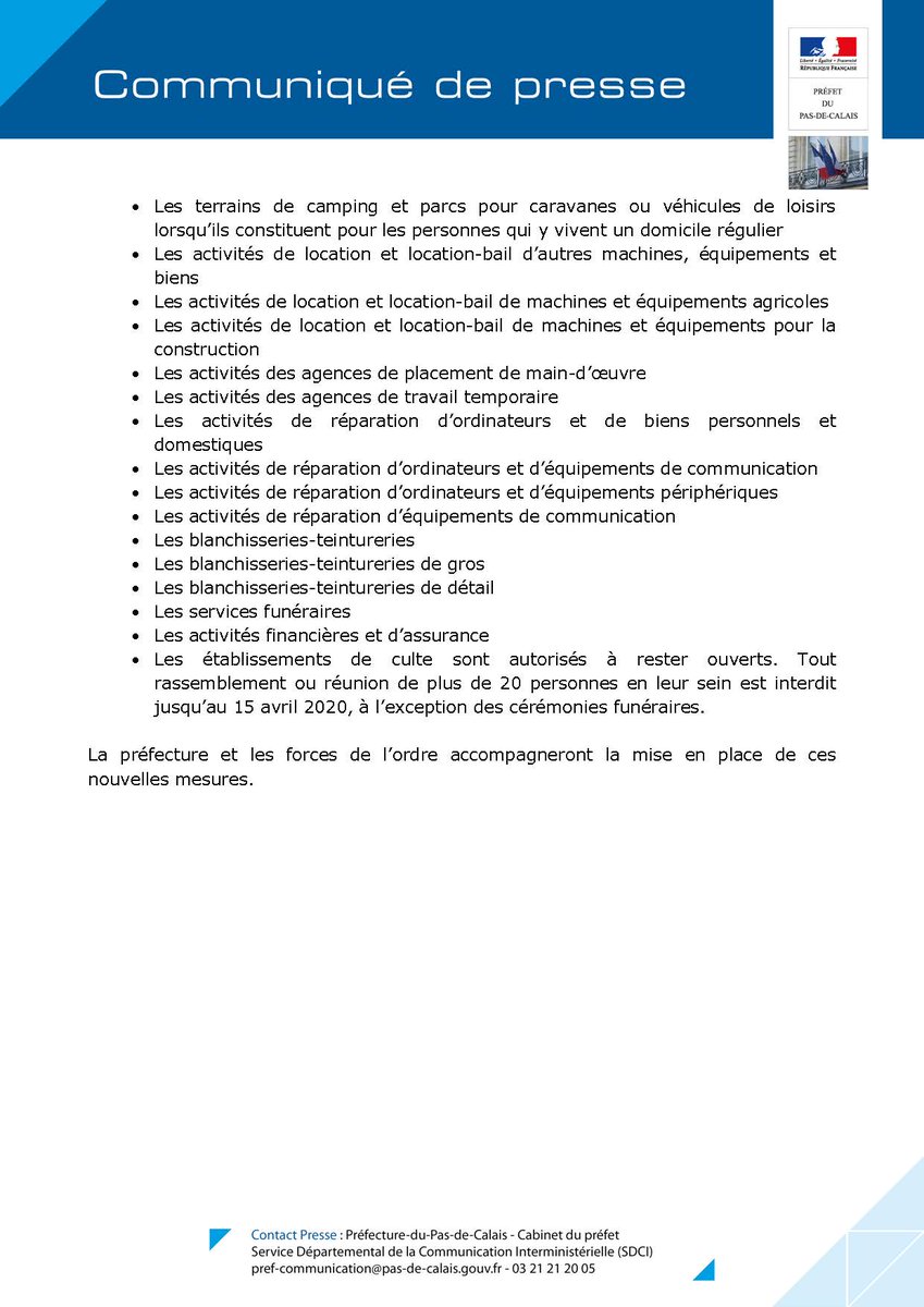 Prefet62's tweet photo. [#coronavirus #COVID19 ] Communiqué de presse : liste des établissements recevant du public autorisés à maintenir, ou non, leur activité. ⬇️ https://t.co/HzIKmNaHoB