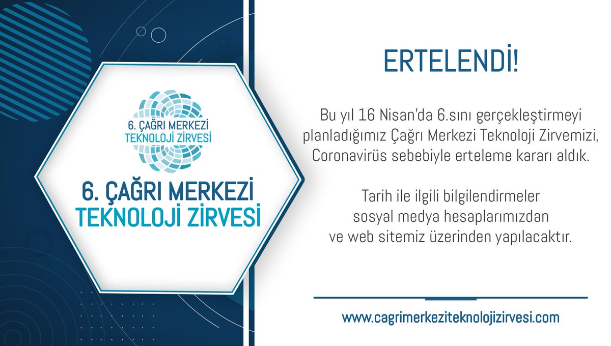 📢ERTELENDİ! –
Bu yıl 16 Nisan'da 6.sını gerçekleştirmeyi planladığımız Çağrı Merkezi Teknoloji Zirvemizi,Coronavirüs sebebiyle erteleme kararı aldık.Tarihle ilgili bilgilendirmeler sosyal medya hesaplarımızdan ve web sitemiz üzerinden yapılacaktır
#CagriMerkezi #TeknolojiZirvesi