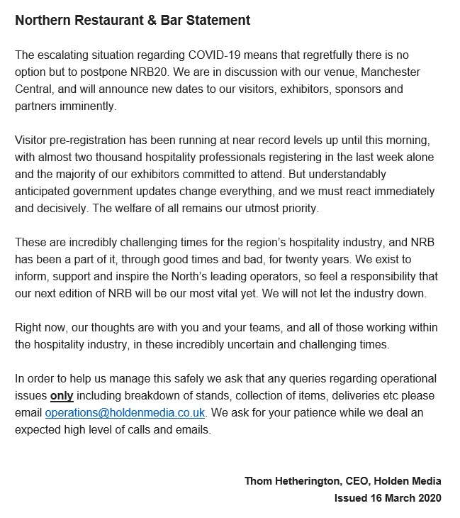 Dawnvale Some Unfortunate News Regarding The Northern Restaurant Bar Show Which Should Be Taking Place This Week We Will Keep You Updated On When The Show Is Rescheduled And Dawnvale Some Unfortunate News Regarding The Northern Restaurant Bar Show Which Should Be Taking Place This Week We Will Keep You Updated On When The Show Is Rescheduled And