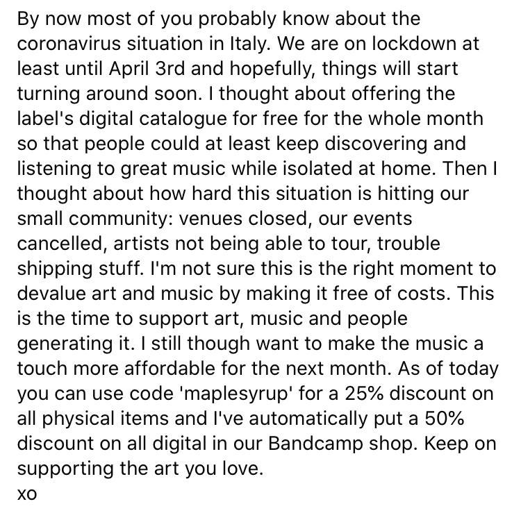 Another message from lockdown land. The long explanation is below👇... from now on 25% off all physical sales by using code 'maplesyrup' and all digital is already at 50% off on our @Bandcamp if you feel like supporting. mapledeathrecords.bandcamp.com