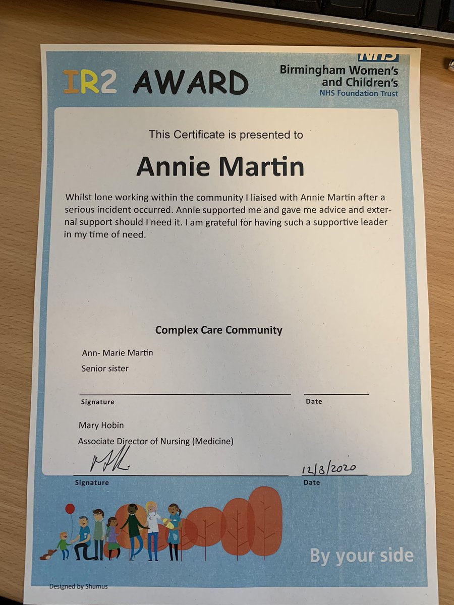 Complex Care designed a certificate  for their Community Service as staff found it difficult to access Datix(IR2) off-site👍 Always good to hear about how supportive our senior sister are great work Annie -😊👍 #idea <a href="/Bham_Childrens/">Bham Children's Hosp 💙</a> <a href="/Transform_Team_/">Transformation Team</a>