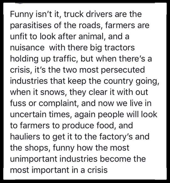 Just seen this on Facebook! Spot on! A big thank you to all the farmers and everyone else in the British agricultural industry for their continued effort and for keeping the country ticking over in these difficult times #BackBritishFarming #COVID19 #Coronavirus