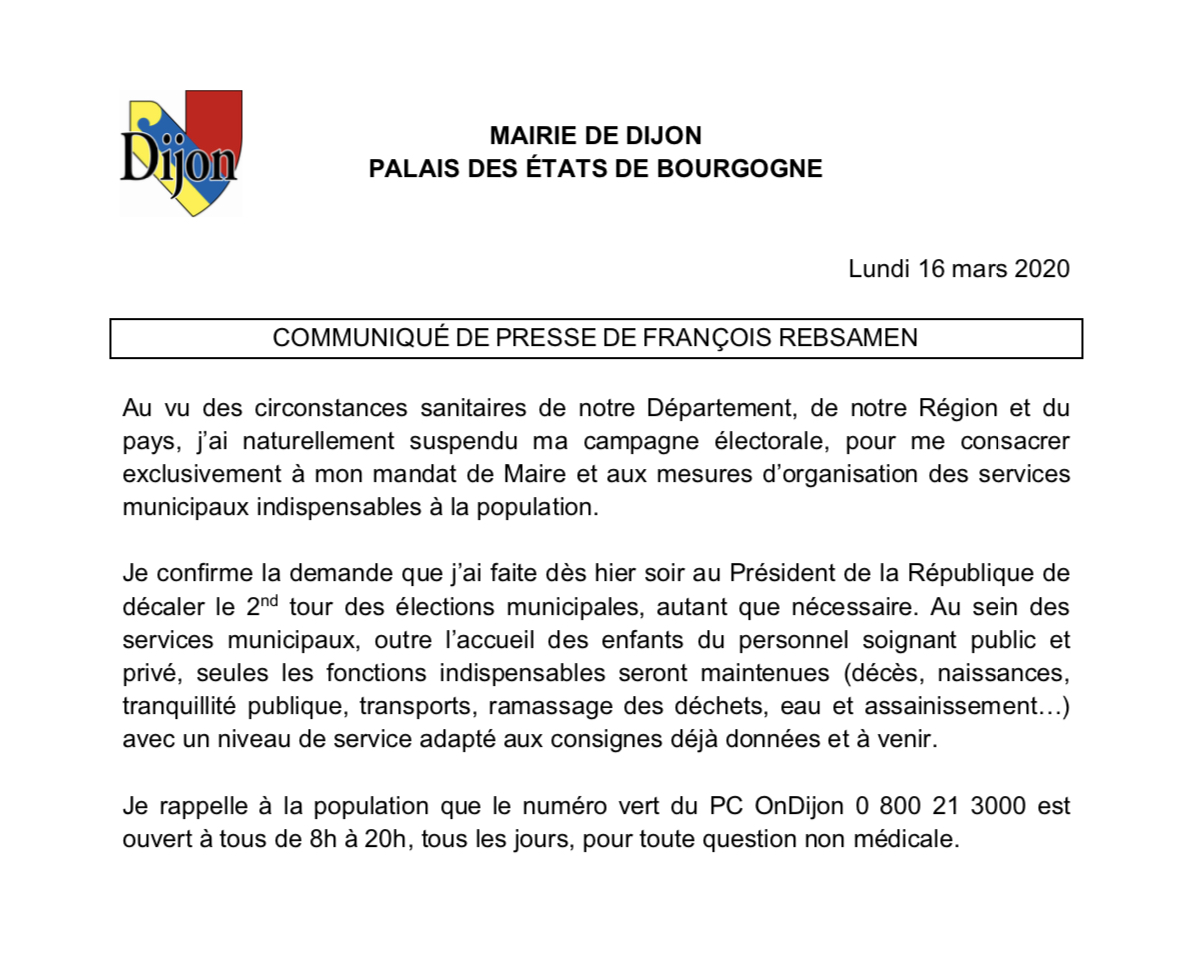 🔴 Au vu des circonstances sanitaires, j'ai naturellement suspendu ma campagne électorale pour me consacrer exclusivement à mon mandat de Maire. Je confirme la demande que j'ai faite hier soir au Président de la République de décaler le 2nd tour des élections municipales #COVID19