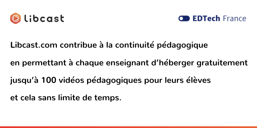 libcast's tweet image. Libcast accompagne la continuité pédagogique en partenariat avec @EdtechFrance en permettant aux enseignants d'héberger leurs vidéos de cours sans limite de temps.

👉libcast.com/fr-hebergement…
#ContinuitéPédagogique #COVIDー19