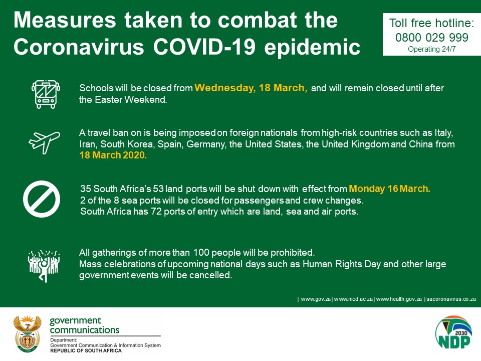 Due to the #COVID19 outbreak in South Africa, Government’s priority is to safeguard the health and well-being of all South Africans, to minimise the number of infections and to ensure all those infected get proper treatment. #CoronavirusInSA gov.za/NovelCoronavir…