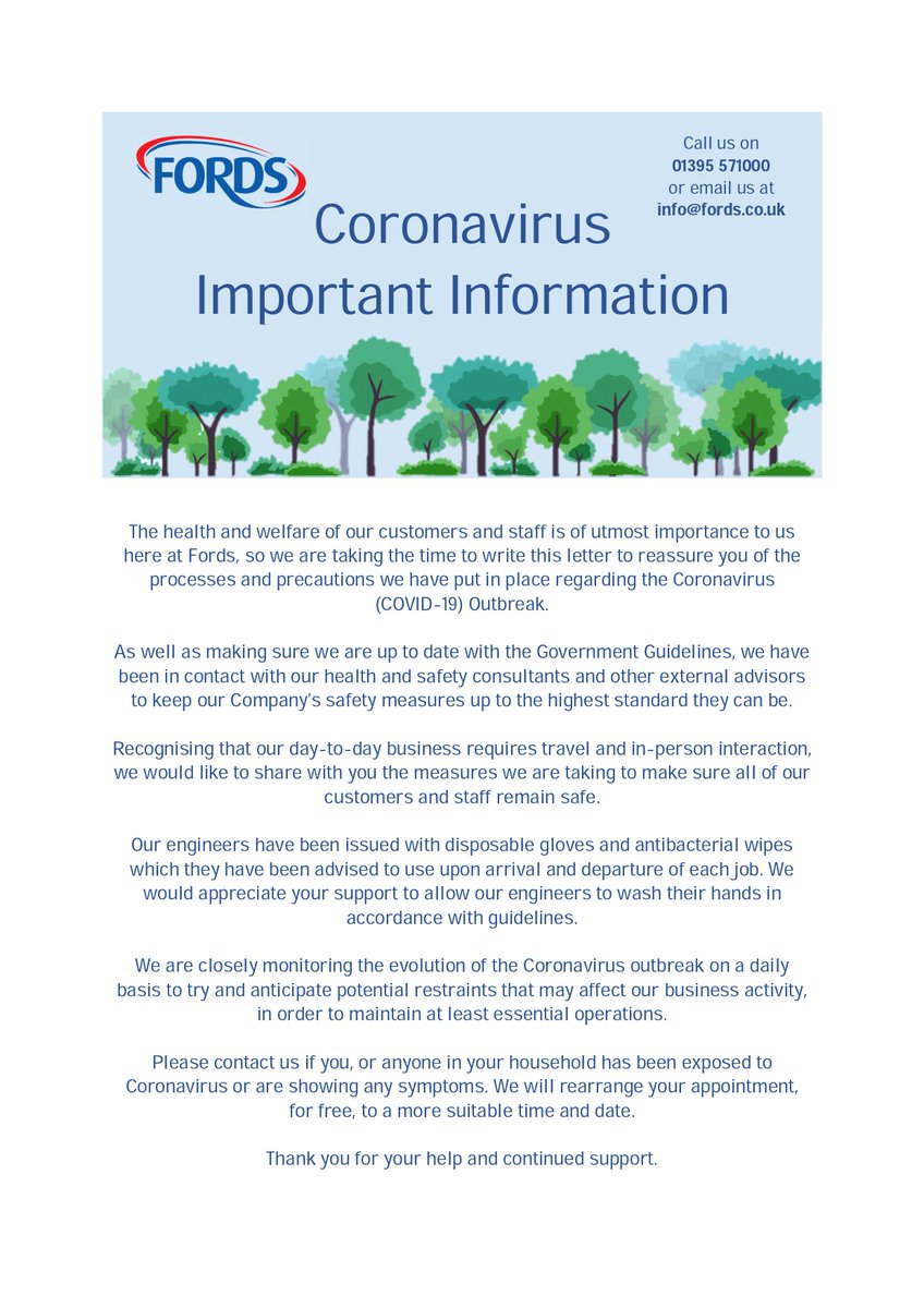Due to the recent Coronavirus (COVID-19) outbreak, please take a look at this. 

We are currently open for business as usual, with added hygiene precautions, but are monitoring the situation daily and will continue to update whenever possible. 

Call us now on 01395 571000