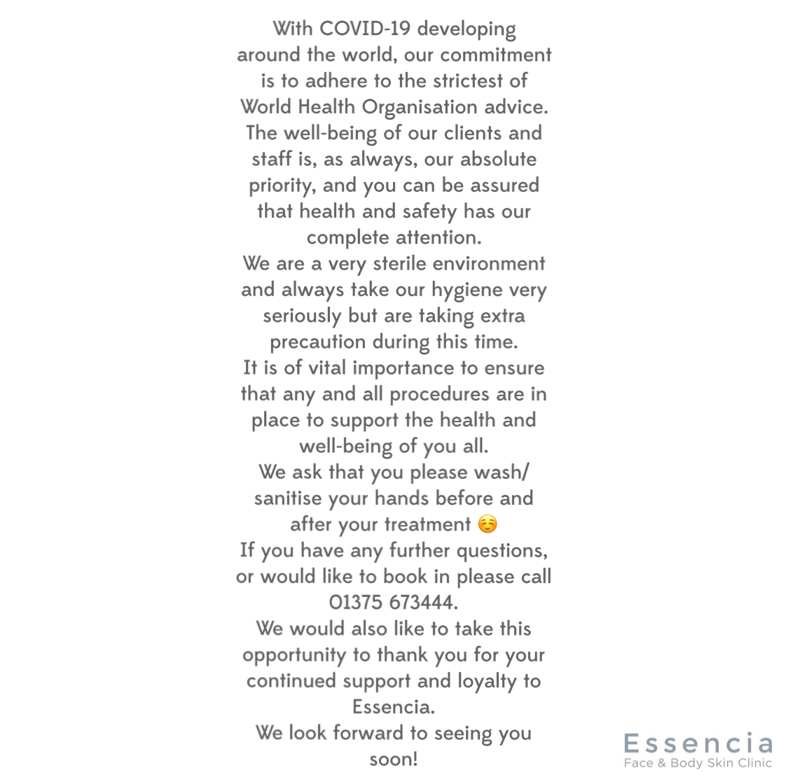 ClinicDavid's tweet photo. We just want to let all our clients know it is business as usual at Essencia and we have extra precautions in place to keep the clinic safe regarding Covid-19 💕 https://t.co/txwpQrgFww