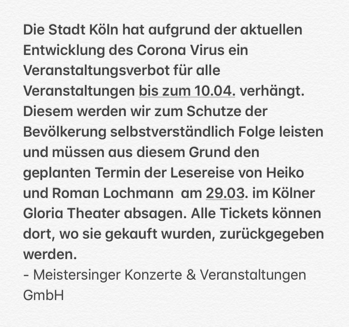 Köln ist abgesagt 💔
Tickets können dort, wie sie gekauft wurden, zurück gegeben werden.

#coronavirus