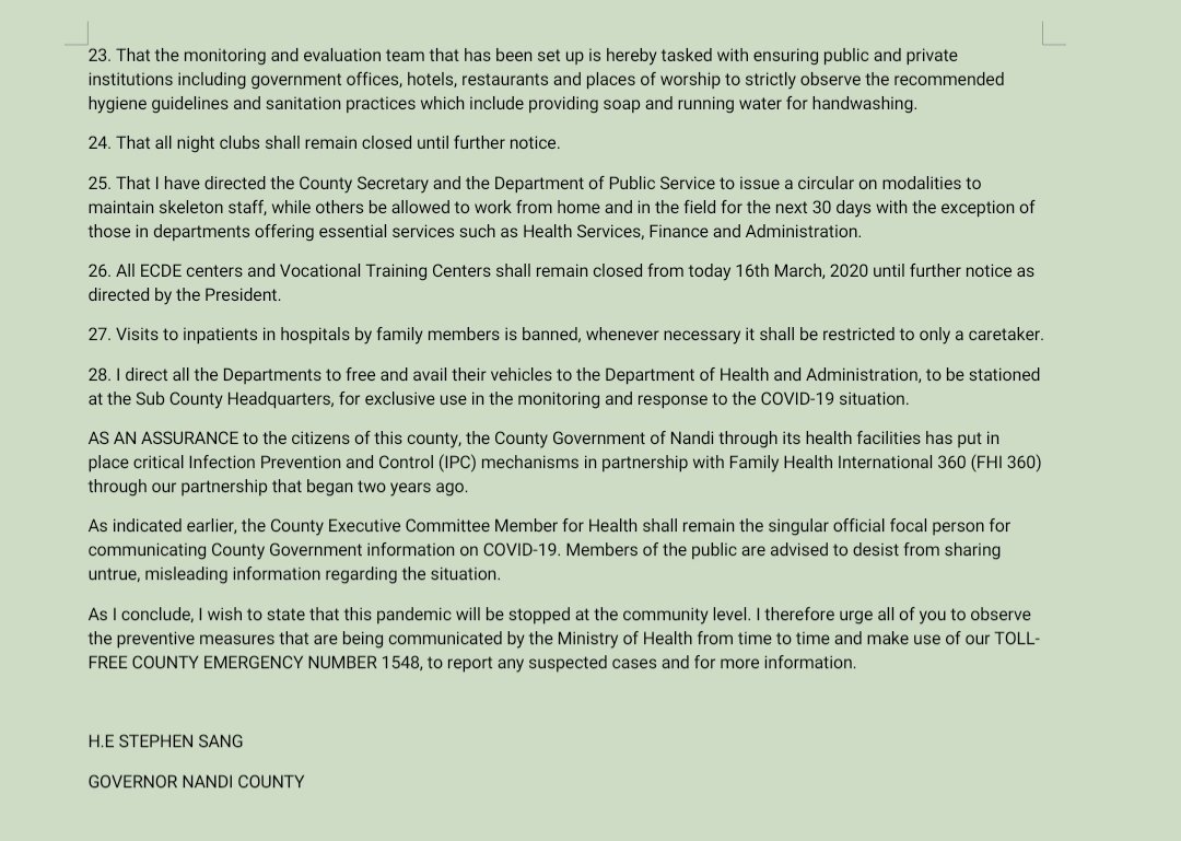 nepmutiva's tweet image. Nandi County boss has ordered all athletics training camps closed, suspended foreign athletes and shut down open-air markets. Governor Stephen Sang wants bodaboda riders to carry only one passenger and hospital visits to the sick restricted to a caretaker only. #COVID19