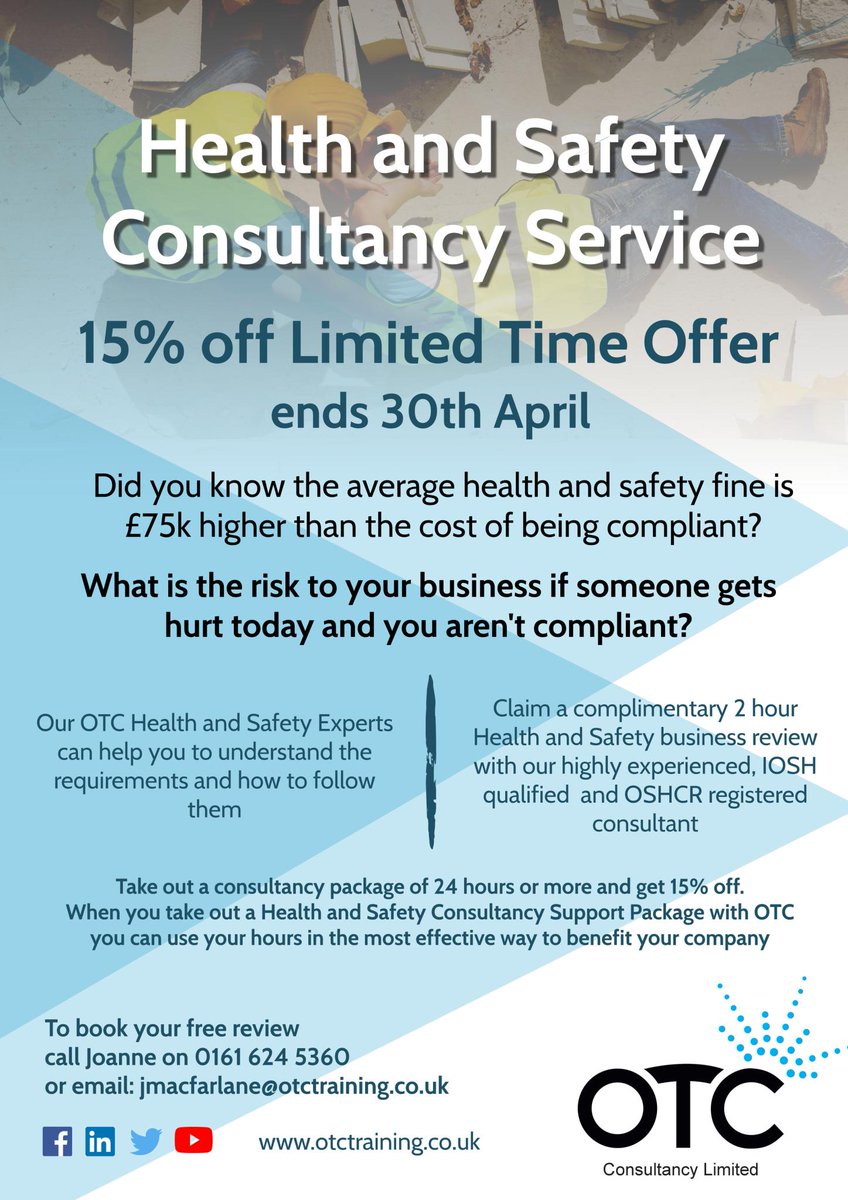 Our limited time offer on our Health and Safety Consultancy Service ends the 30th April! Get in touch now to book now.
#healthandsafety #greatermanchester #smallbusinessowners #oldham #offer #businessowner #tameside