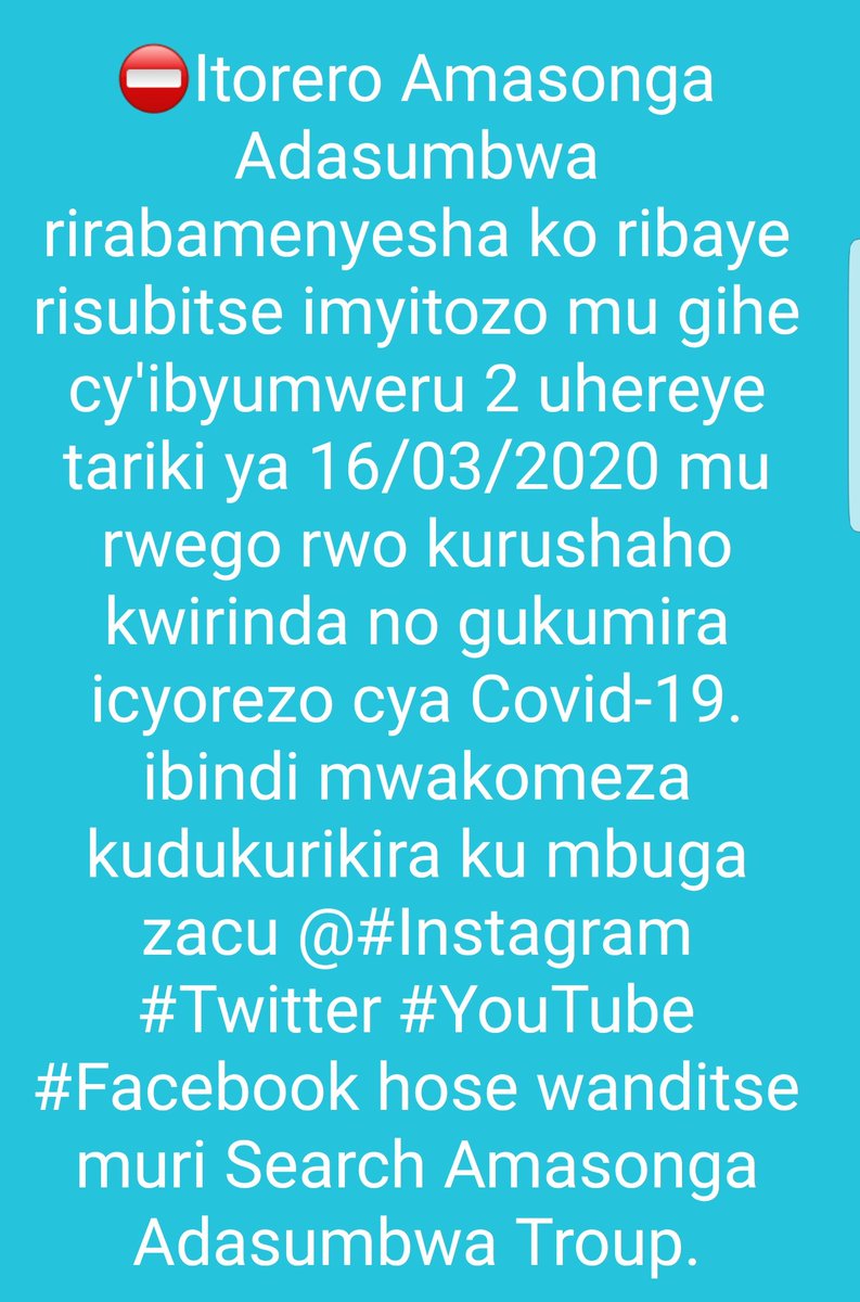 AmasongaT's tweet photo. Dukomeze kwirinda ikwirikwizwa ry'icyorezo cya #Covid-19 dukurikiza inama duhabwa n'ubuyobozi  bw'igihugu bufatanyije n'inzego z'ubuzima @mutangana2 @NiyigabaEtienne @Inganzongali @Rwandacademy @MunyakaziD @Bukizito @InyamibwaAERG @jmv_niyitegeka @YouthCultureRW  @urukerereza https://t.co/lt7uweLKeE