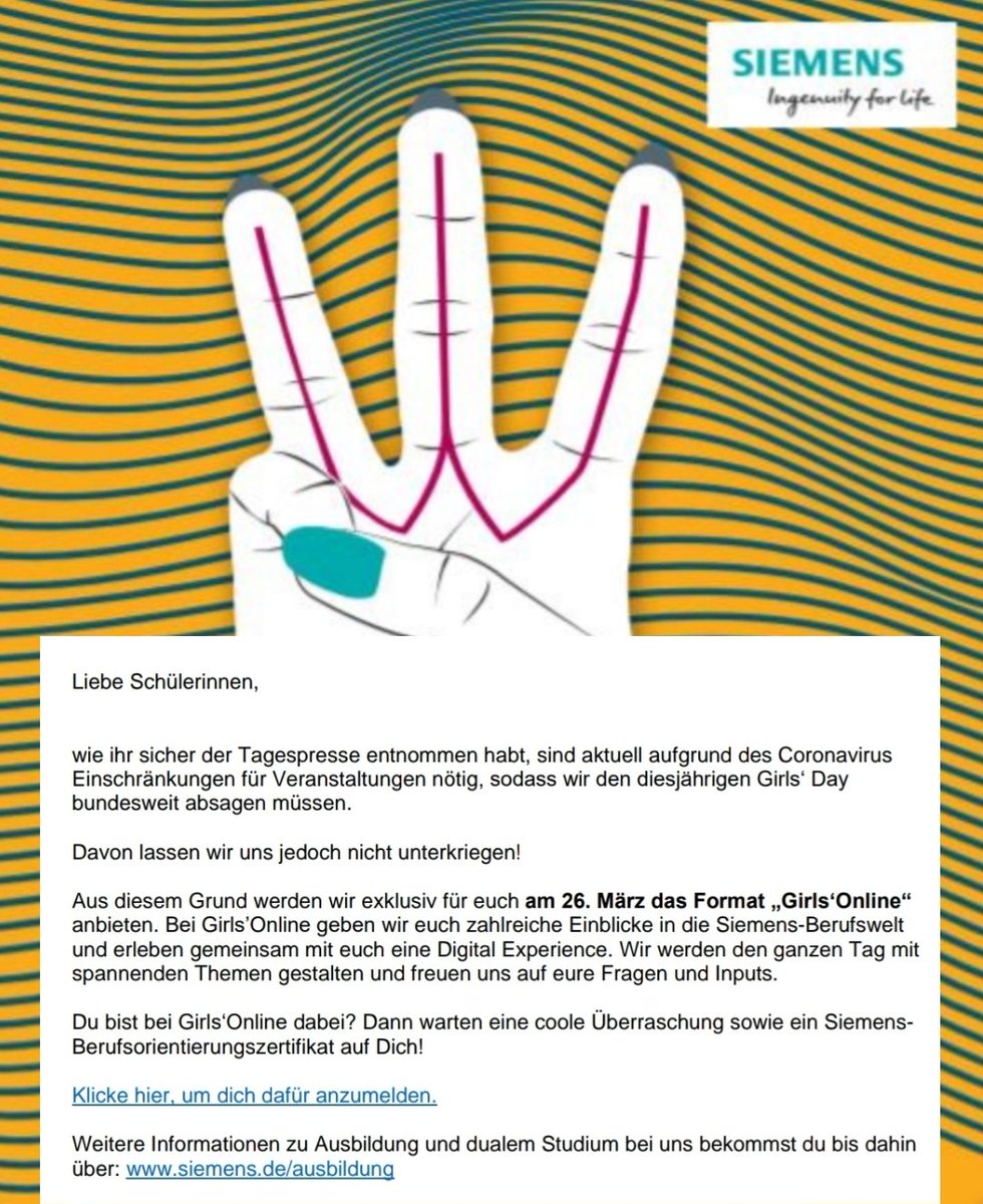 🔈🔉🔊 "GIRLS' ONLINE"
AM 26.03.2020 🔊🔉🔈

Die Alternative der <a href="/Siemens/">Siemens</a> #Professional #Education zum abgesagten <a href="/Der_GirlsDay/">Girls'Day</a> 👩🏼‍🔧👩🏾‍💻👩🏻‍🔬
Schülerinnen können sich über folgenden Link anmelden:
forms.office.com/Pages/Response…

Gerne teilen ▶️
#womenintech
#mint 
@HoffelderChris
@jrg_matern