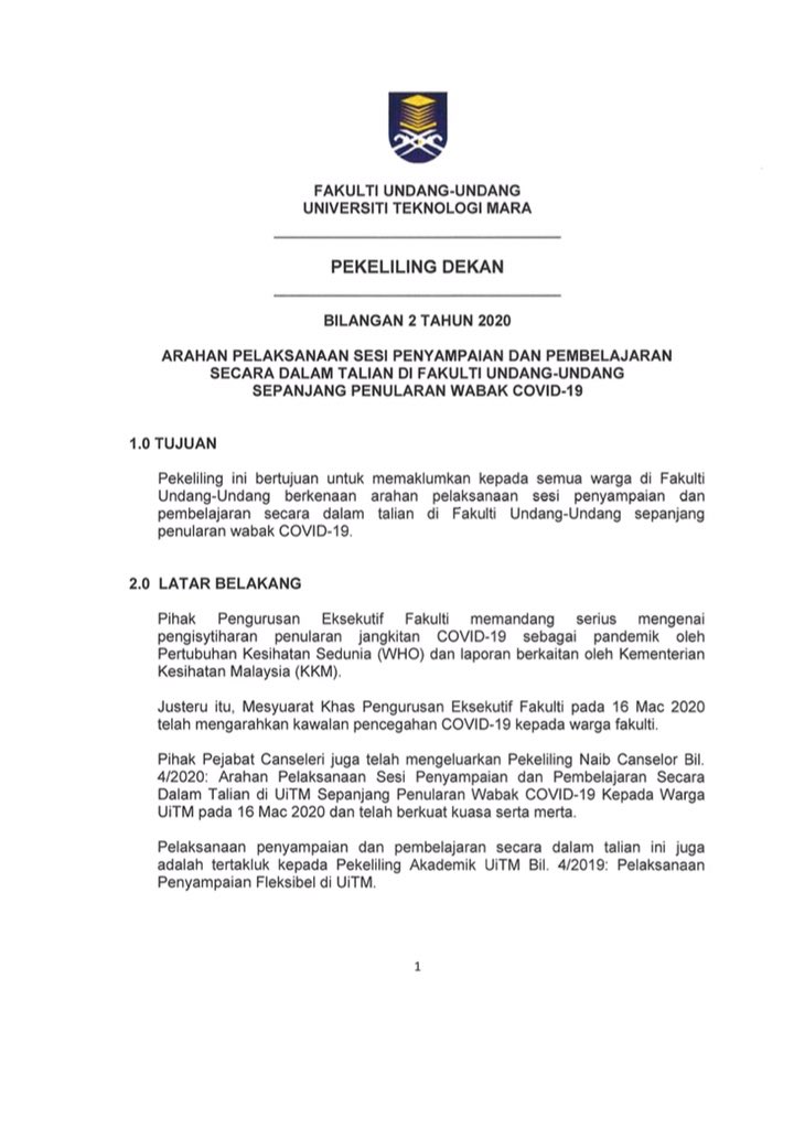 smfuuofficial's tweet image. PEKELILING RASMI DEKAN FAKULTI UNDANG-UNDANG berkenaan pengajian dalam talian berkuatkuasa 16 Mac 2020 (Isnin) sehingga 3 April 2020.

Stay safe everyone!✨🙆🏼‍♀️

“Kebajikan Anda Keutamaan Kami”