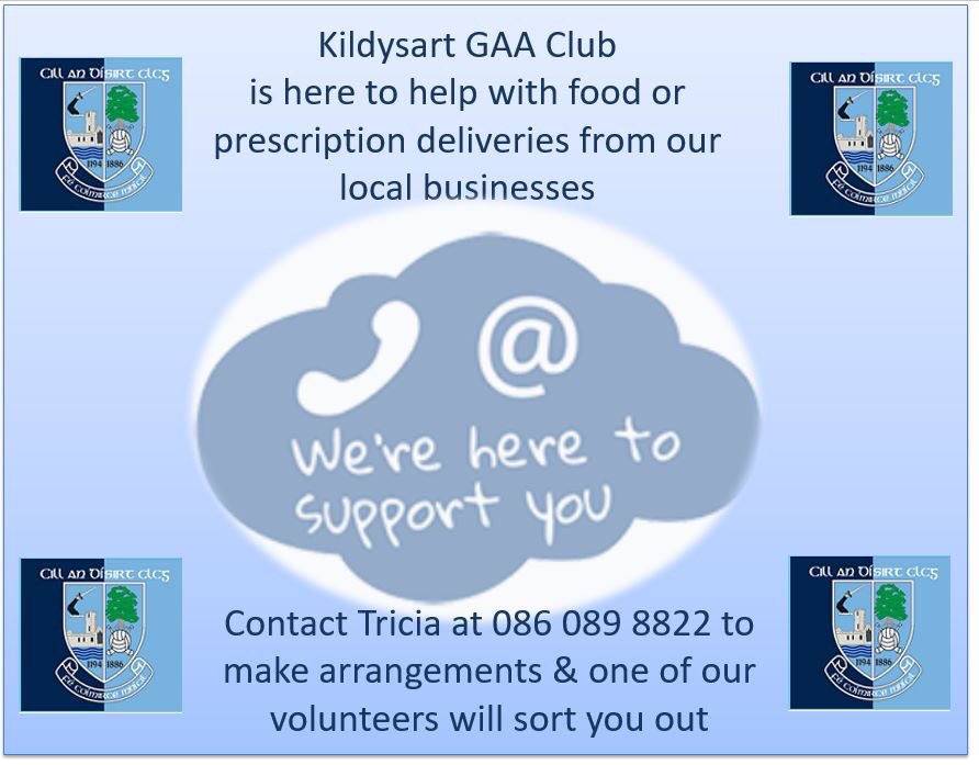 KildysartGAA's tweet photo. Please spread the word to your neighbours. Kildysart GAA is here to help with deliveries from local businesses: Centra, Friar Tucks, Romeo's, McMahon's Pharmacy, Joe Hogan's, Doohan's, Post Office, Annie’s Cafe, Tommy Fitzgibbon.  Contact Tricia 086 089 8822 to make arrangements. https://t.co/u06xRB09X1