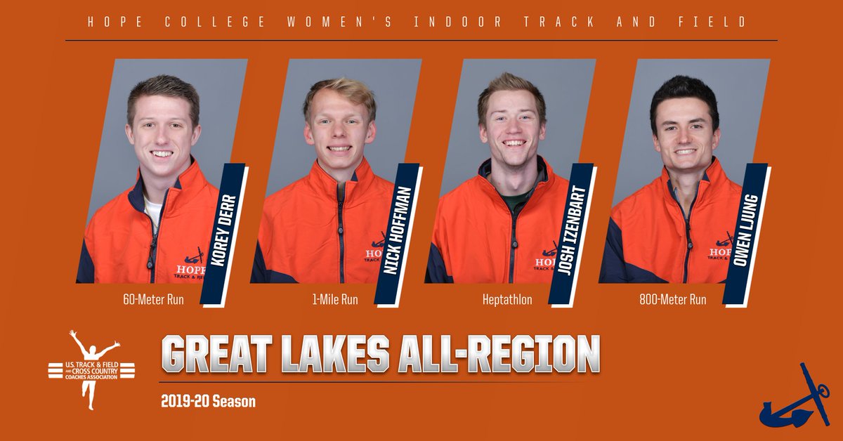 Four <a href="/USTFCCCA/">USTFCCCA</a> Great Lakes All-Region honorees for <a href="/HopeCollege/">Hope College</a> - Korey Derr (60m run), Nick Hoffman (mile run), Josh Izenbart (heptathlon) and Owen Ljung (800m run).

goho.pe/bqxd50yMqqC

#bestrongbetrue #gohope #d3tf #d3miaa