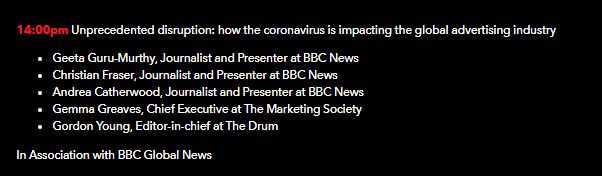 The Drum (@thedrum) on Twitter photo The ad industry is used to turmoil, but as COVID-19 spreads & world leaders escalate their response, what will be the economic impact?
<a href="/BBCWorld/">BBC News (World)</a> & industry experts unpack it all, looking at what it means for brands & publishers.
Tune in at 2pm👇 #DTFest fal.cn/376y7 The ad industry is used to turmoil, but as COVID-19 spreads & world leaders escalate their response, what will be the economic impact?
<a href="/BBCWorld/">BBC News (World)</a> & industry experts unpack it all, looking at what it means for brands & publishers.
Tune in at 2pm👇 #DTFest fal.cn/376y7