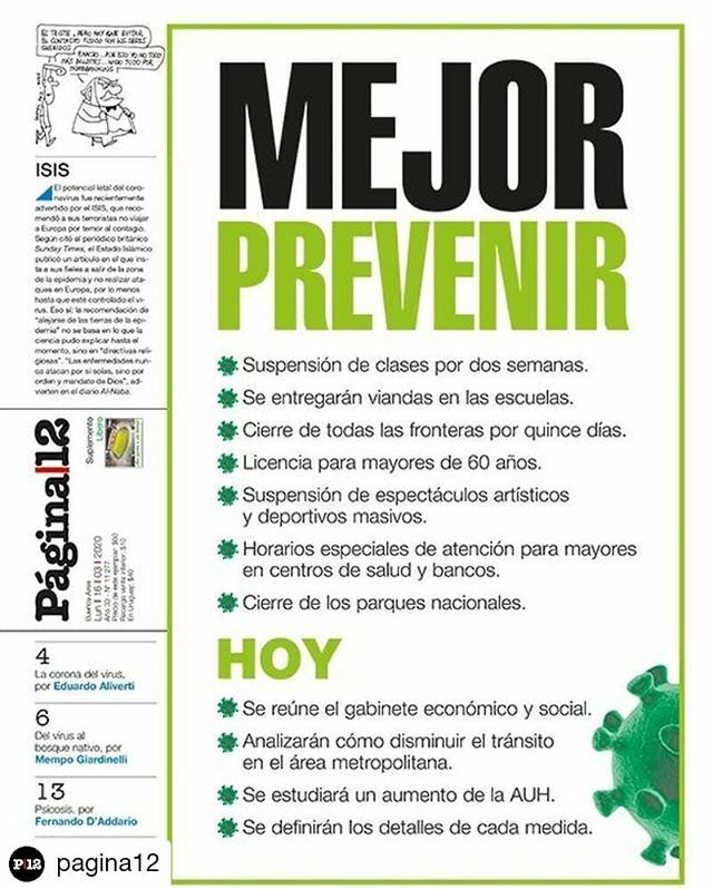 cetchaco's tweet photo. #Repost @pagina12
• • • • • •
MEJOR PREVENIR
Suspensión de clases por dos semanas. Se entregarán viandas en las escuelas. Cierre de todas las fronteras por quince días. Licencia para mayores de 60 años. Suspensión de espectáculos artísticos y dep… https://t.co/T5E5Ucv2jQ https://t.co/0uWjPeAXbr