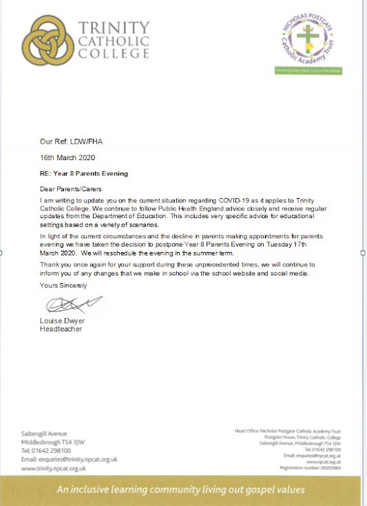 Y8 Parents Evening Tuesday 17th March POSTPONED 
<a href="/NPCAT_MEDIA/">Nicholas Postgate Catholic Academy Trust</a>