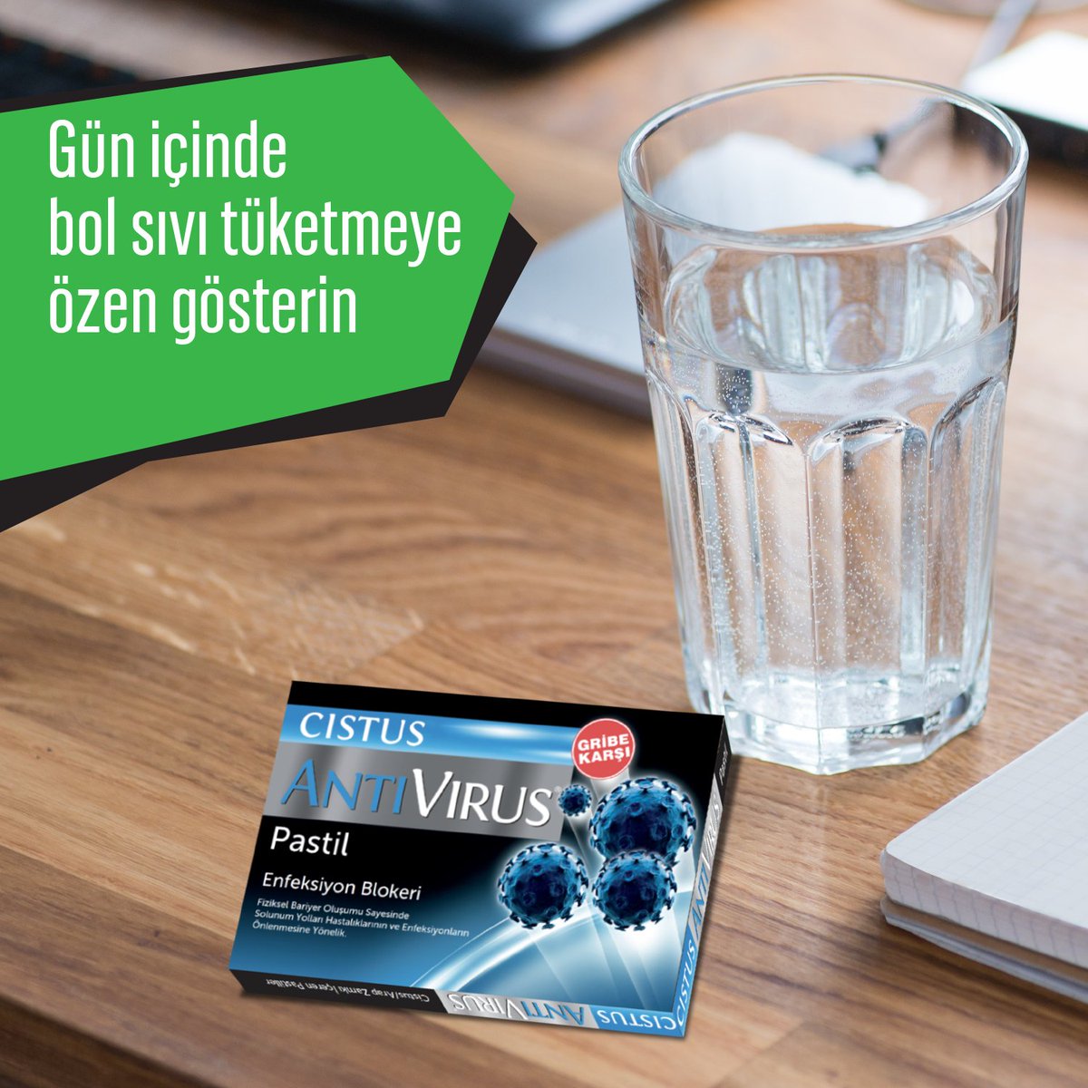 CistusAntiVirus's tweet photo. Ofiste gribe karşı önleminizi alın. Bol sıvı tüketmeye dikkat edin ve gripten korunmanıza yardımcı Cistus Antivirüs pastilinizi yanınızdan eksik etmeyin. 
#cistusantivirüs #gribekarşı #önlemal #sağlıklıkal #kendinikoru #doğaltatlandırıcılı #sıvıtüketin #bolsuiçin https://t.co/0x28MaChve