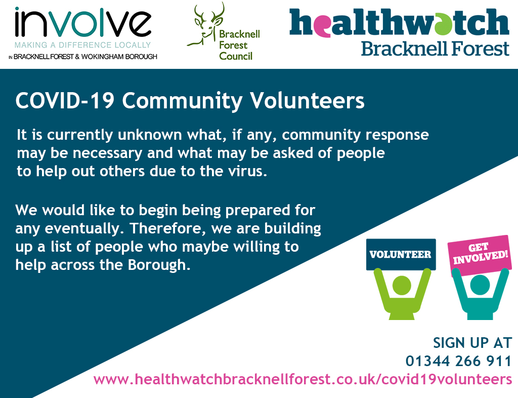 healthwatchBF's tweet photo. COVID-19 Community Volunteers - In conjunction with our partners, such as Involve and Bracknell Forest Council, we would like to begin being prepared for any eventually. Therefore, we are building up a list of people who maybe willing to help others. https://t.co/fSuEkeqzc1 https://t.co/IMS9dfX2WA