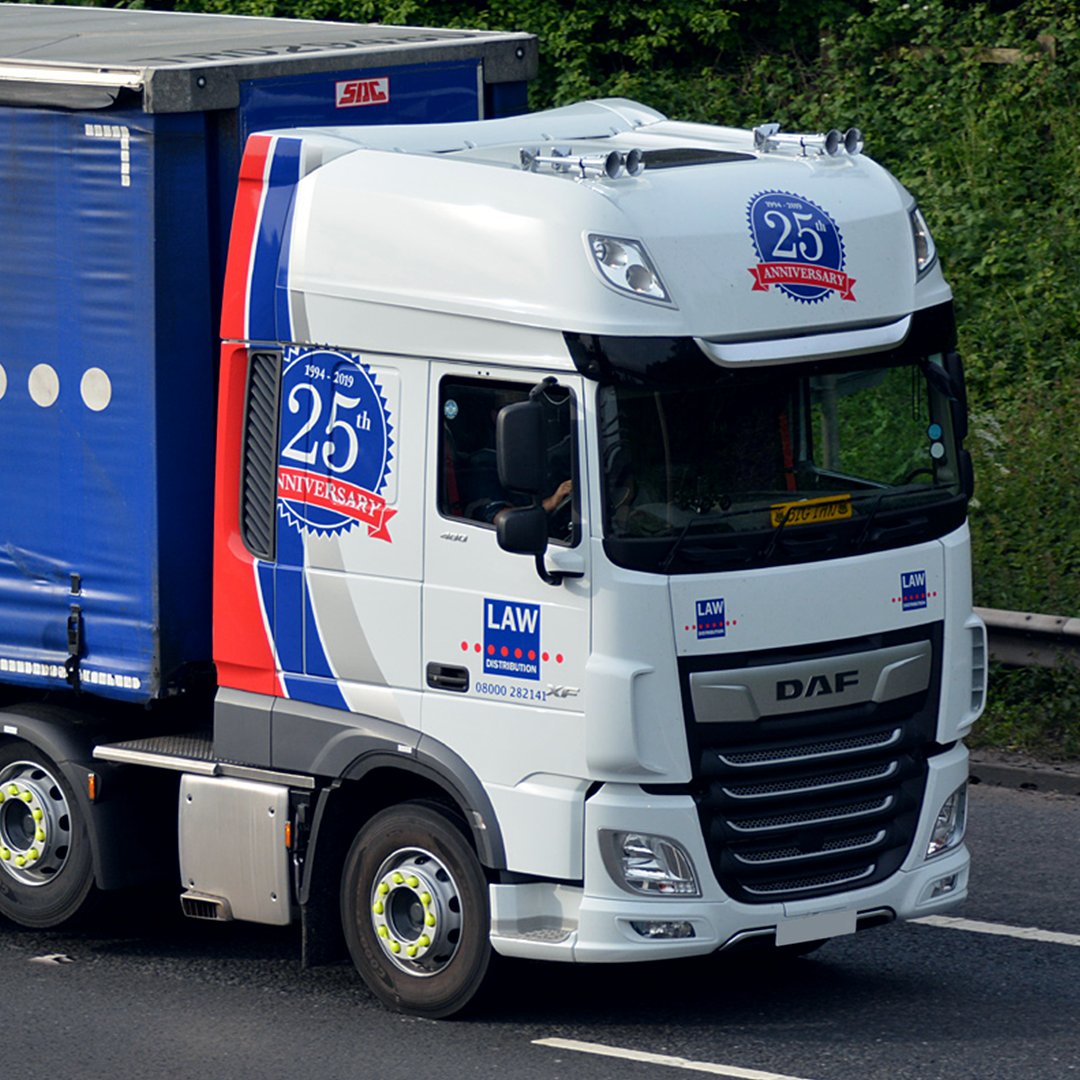 We're celebrating 25 years in business! To celebrate we have upgraded our fleet with new DAF trucks featuring our anniversary signage! #LawDistribution #Manchester #Liverpool #BondedWarehouse #Logistics