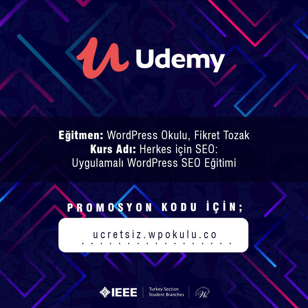 ieeeturkeywie's tweet photo. Corona Virüsü nedeniyle bulunduğumuz tatil günlerinde bir yandan öğrenmeye devam ediyoruz. WordPress Okulu desteğiyle Uygulamalı WordPress SEO Eğitimi ücretsiz! Kupon kodun için adres: https://t.co/S1WCnJ5lUS . Kod, mail adresinize gelecektir. 
Son tarih 18 Mart @wordpressokulu https://t.co/xY3KpB2Ssb