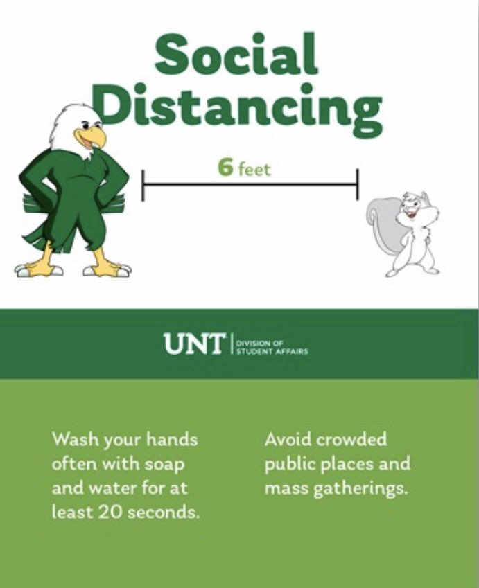 In light of the spread of Coronavirus (COVID-19), we are encouraging the #UNT community to practice social distancing when on campus or in public. Please also remember to wash your hands and avoid crowds. FMI and campus updates please visit: healthalerts.unt.edu