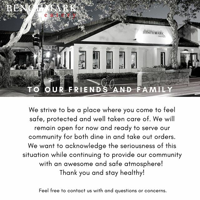 BenchmarkEatery's tweet photo. To Our Friends and Family - We strive to be a place where you come to feel safe, protected and well taken care of. We will remain open for now and ready to serve our community for both dine in and take out orders.
We want to acknowledge the seriousness o… https://t.co/RL5WhiOb1t https://t.co/rNw0PGrrPZ