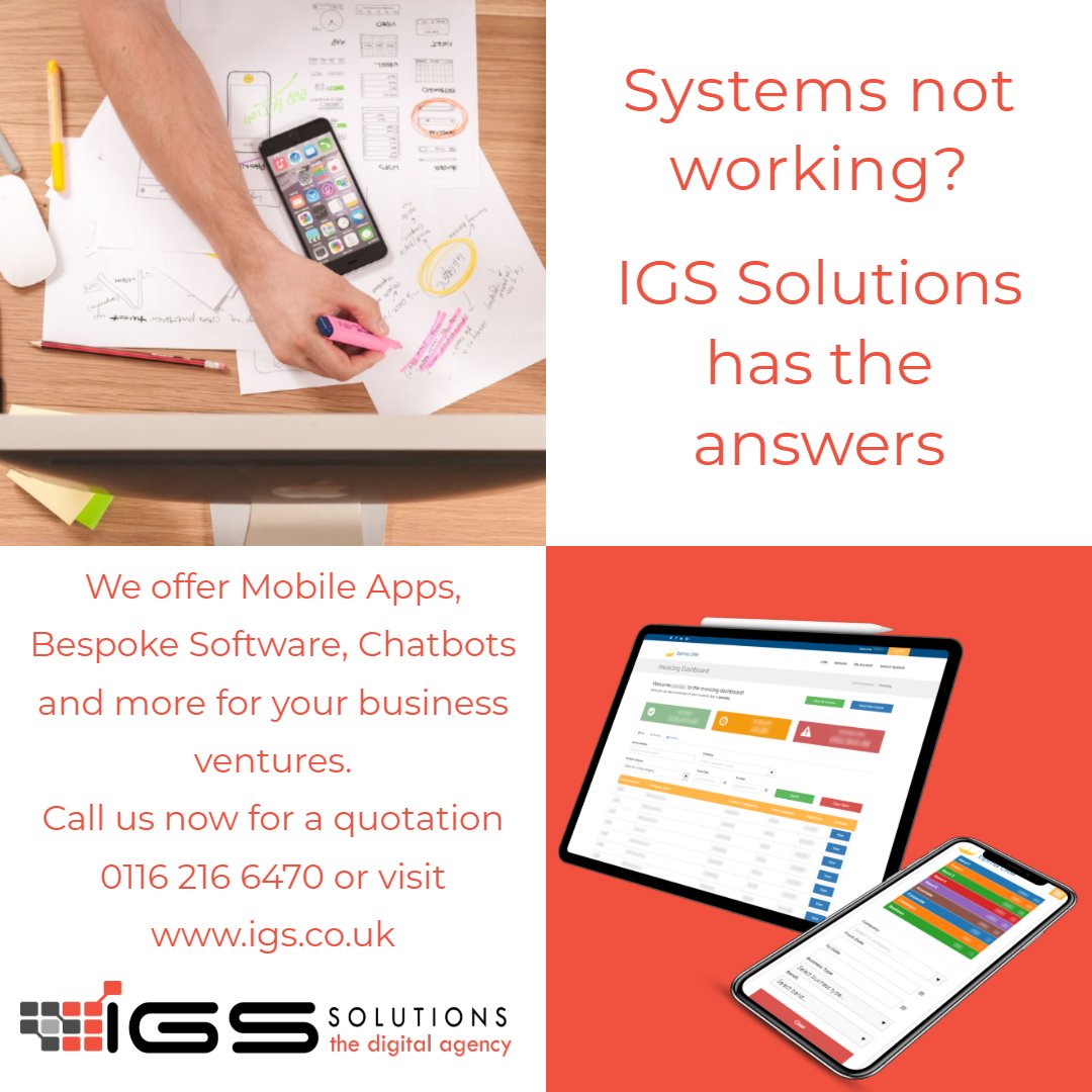 Systems not working? IGS have the answers.

Visit our website now to see how we can help? igs.co.uk 

#IGSsolutions #bespokesoftware #mobileapp #apps #Android #IOS #coding #programming #softwaredevelopment #software #Leicester #helpingbusiness #business
