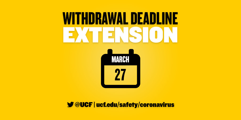 With everything going on right now, choosing whether or not to withdrawal from a course is not a decision you need to make this week.

The new withdrawal deadline is Friday, March 27 at 11:59 p.m. 🗓