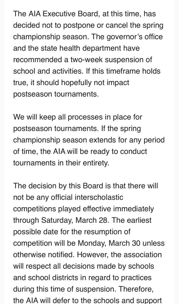 verdesports's tweet photo. The AIA votes to suspend Arizona high school sports for two weeks, does not cancel spring season #azhs https://t.co/sUQjMoKL6Y