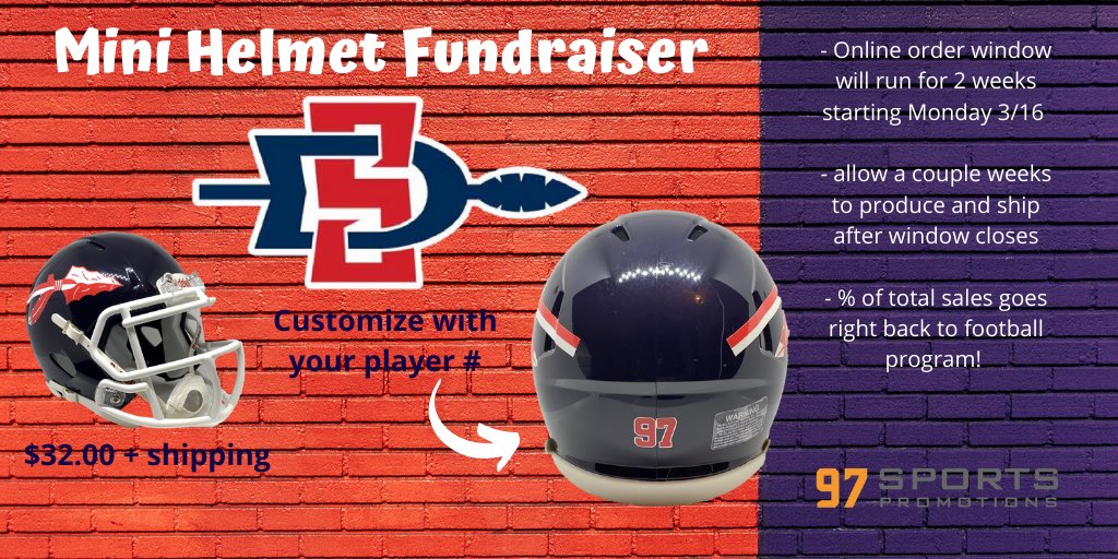 97_sports's tweet photo. South Doyle Cherokee fans: we are starting your mini helmet fundraiser today! Support your school and get a customized mini helmet for your favorite player or fan! Orders will ship after 2 week order window is closed. Link below. @ADClarkDuncan @Football_SDHS @SouthDoyleCheer https://t.co/TLNfJFMgM1