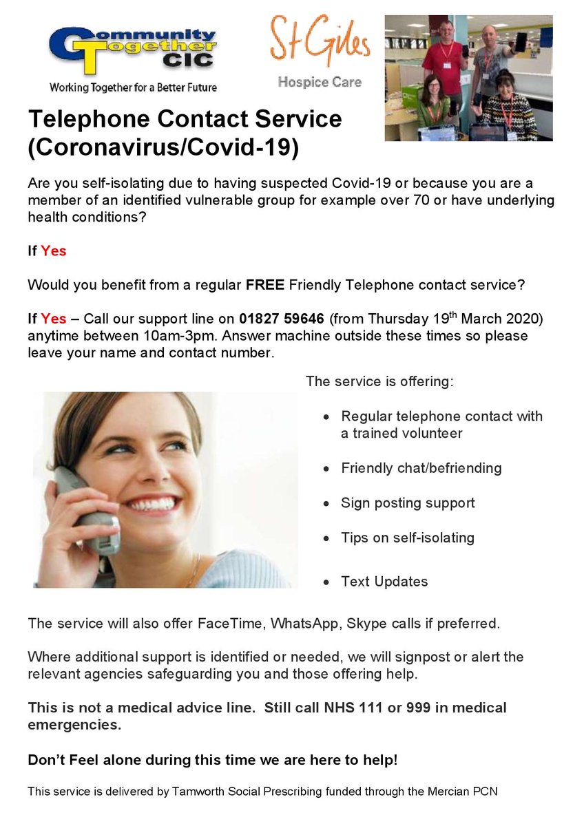 TogetherCIC's tweet image. We are setting up a free telephone contact service from Thursday 19th March 2020 in light of the Coronavirus (Covid-19). 

Please see poster for details.  #Tamworth

@TamworthCouncil @tamworthherald @StaffsFire @TamworthPolice