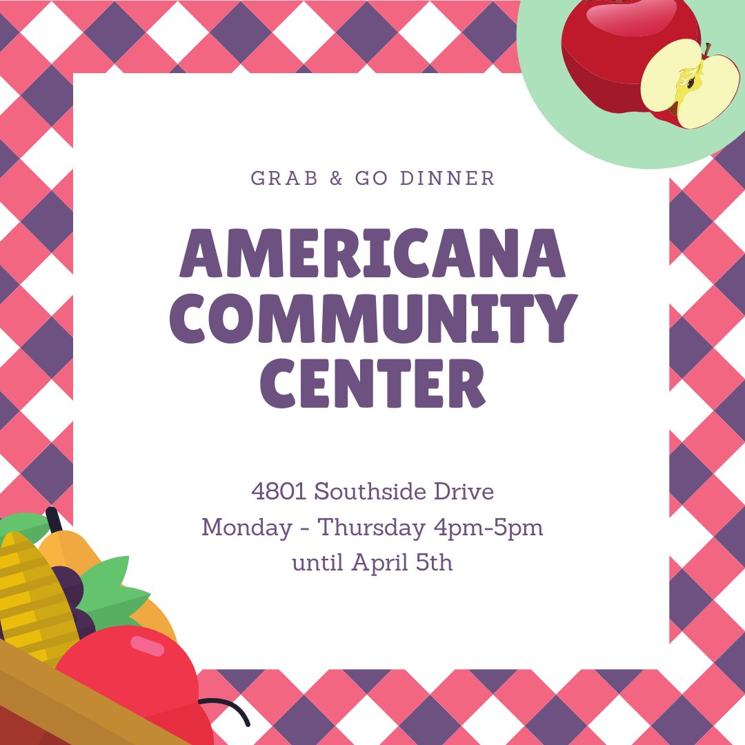 Reminder, 

We will have Grab &amp; Go dinner available for children 18 years old and younger, Monday-Thursday at 4pm-5pm during the school closure with <a href="/JCPSKY/">JCPS</a> thanks to Dare to Care Food Bank. 
And, the center will only be open 9a - 5pm Monday-Thursday.

Please continue to share!