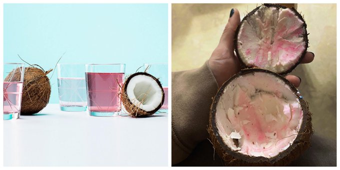 El coco y su jugo pueden presentar color rosa con el paso del tiempo debido a la oxidación llevada a cabo por una enzima (polifenoloxidasa). (Depende de factores como la edad y la variedad). Es similar a lo que pasa cuando cortamos una manzana y->tono marrón  #gominolasdepeseta