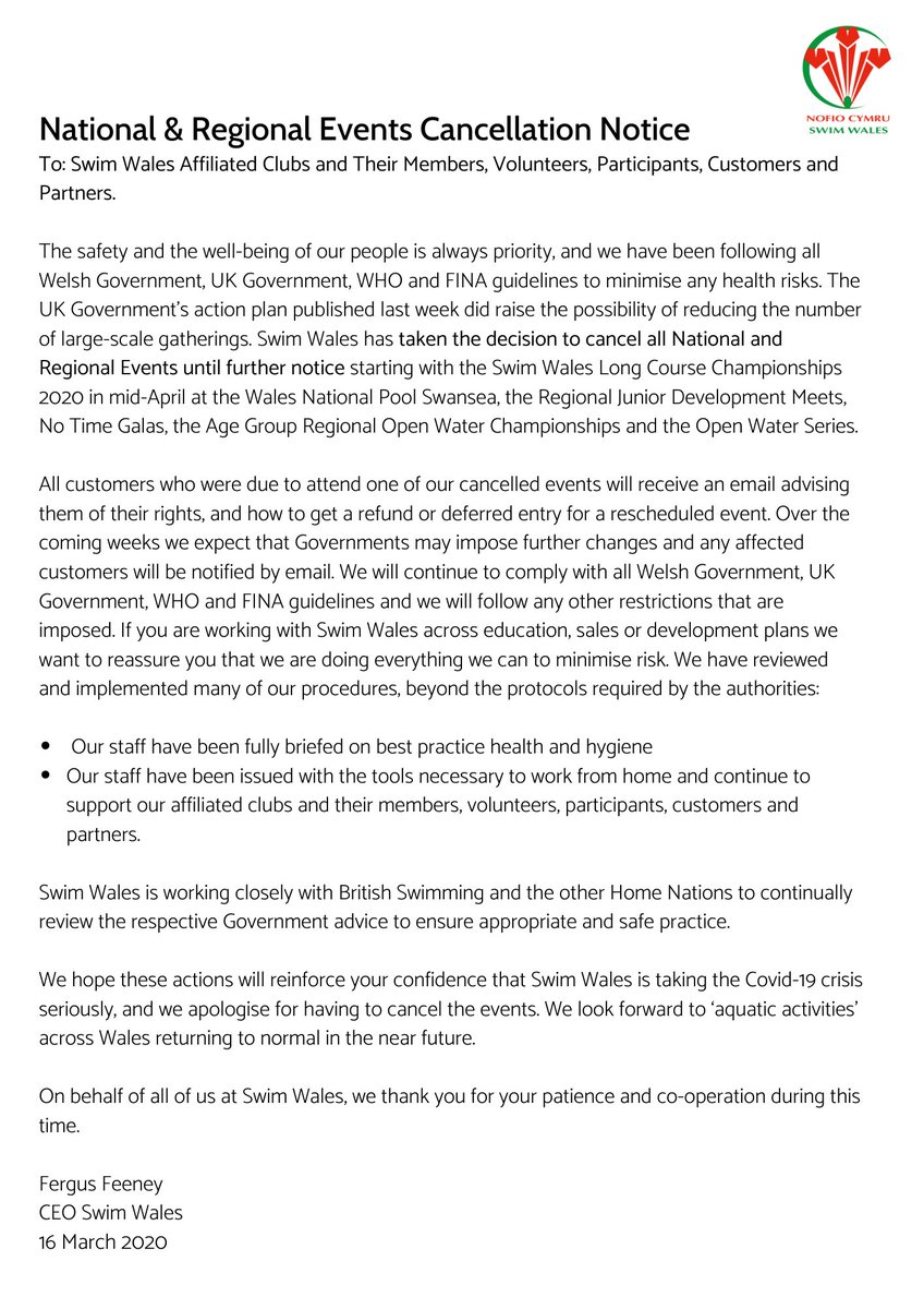 Please see below Swim Wales' announcement regarding National &amp; Regional Events Cancellation.