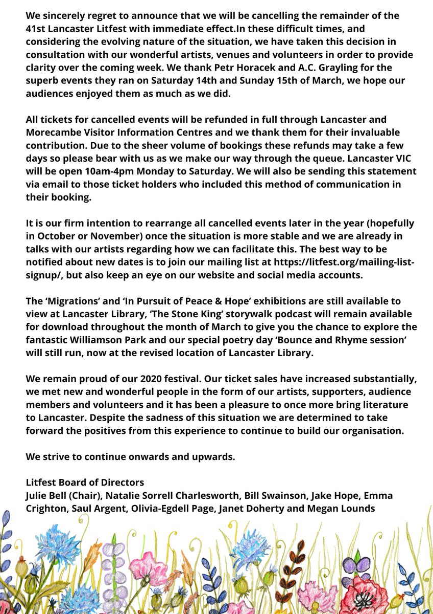 Litfest's tweet photo. We sincerely regret to announce that we will be cancelling the remainder of the 41st Lancaster Litfest with immediate effect.  Please see Full statement below: https://t.co/BJZx4N2n46