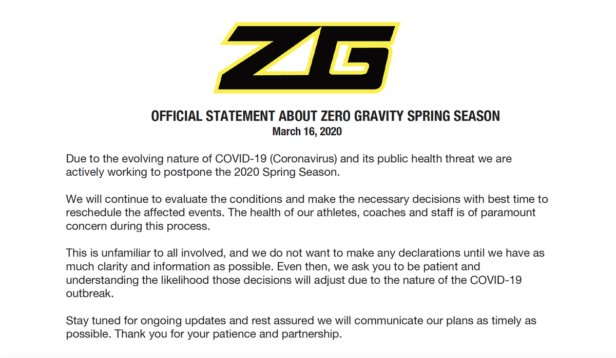 ZeroGravityBB's tweet photo. Official update on the status of Zero Gravity Spring Season. The health of our athletes, coaches and staff is of paramount concern. Thank you for your patience and understanding throughout this process. https://t.co/cAUTbsmMHo