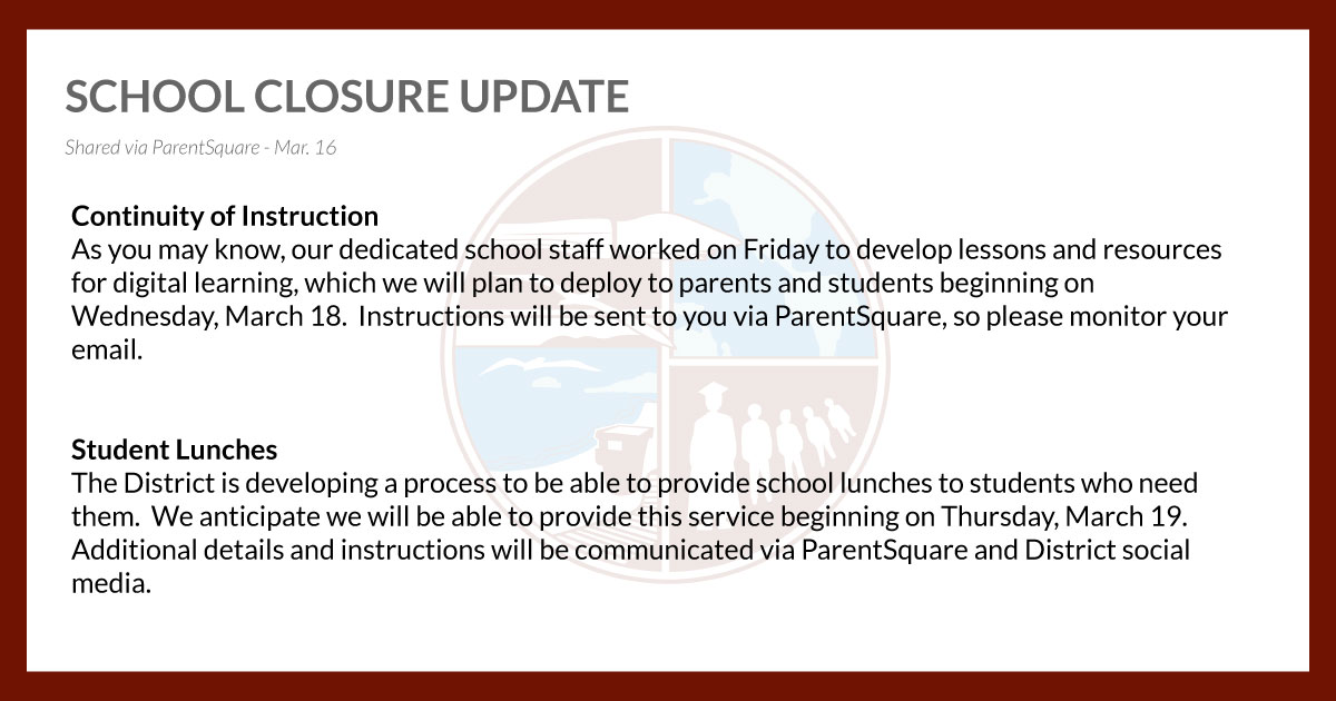 #COVID19: We will communicate with you regularly regarding updates related to learning supports and services for students, please continue to monitor your email. We appreciate your flexibility and understanding at this unprecedented time.